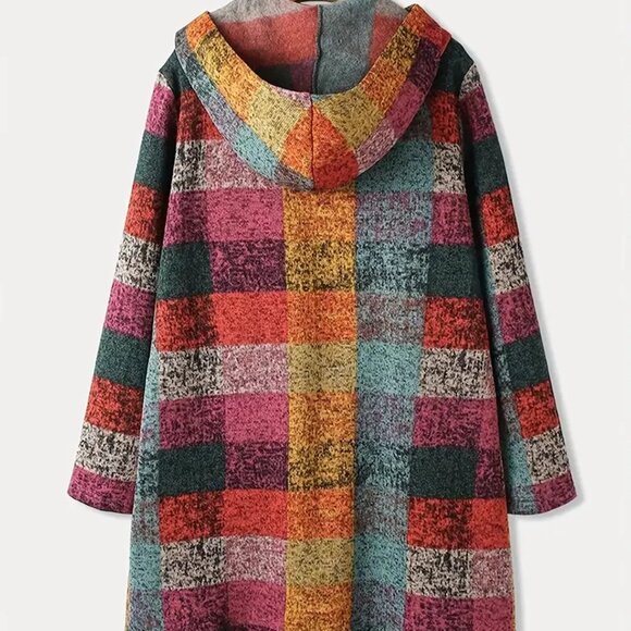 Retro Plaid Print Hooded Overlay Coat - Picture 2 of 4